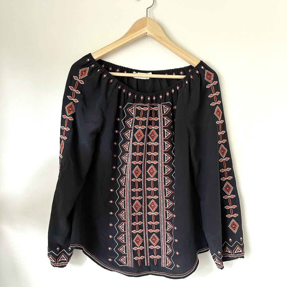 Tory Burch 100% Silk Jesse Blouse Off The Shoulder Peasant Top embroidered boho